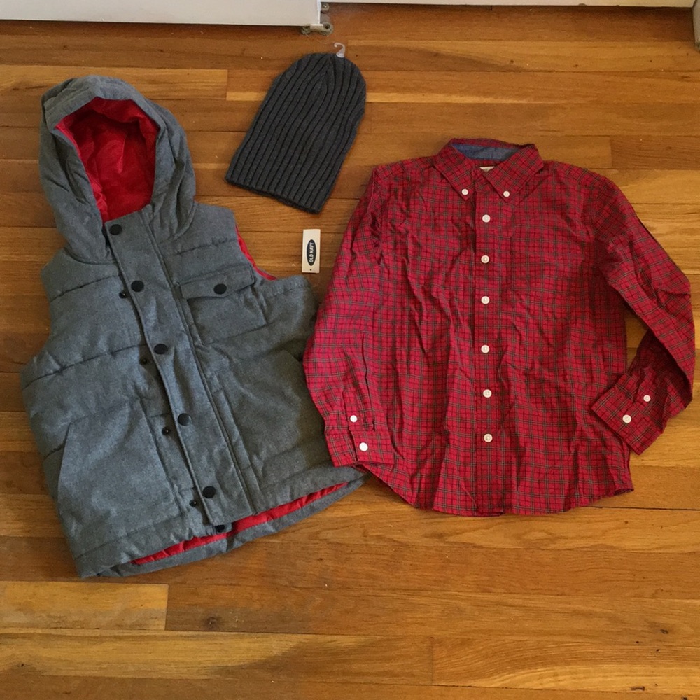 NWT Vest, beanie cap, & button down SZ. 7